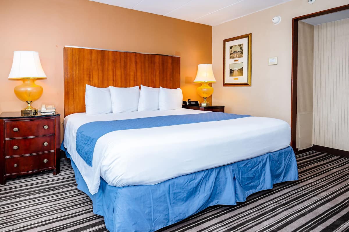Une chambre d’hôtel avec un grand lit, une tête de lit en bois, deux tables de chevet avec des lampes, une commode et un tableau encadré au mur.