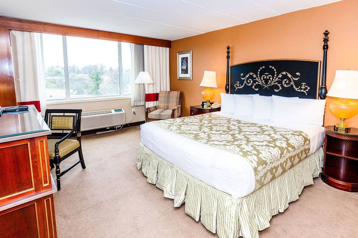 Une chambre d’hôtel avec un grand lit, deux lampes de chevet, une chaise, un bureau avec une lampe et une fenêtre avec des rideaux.