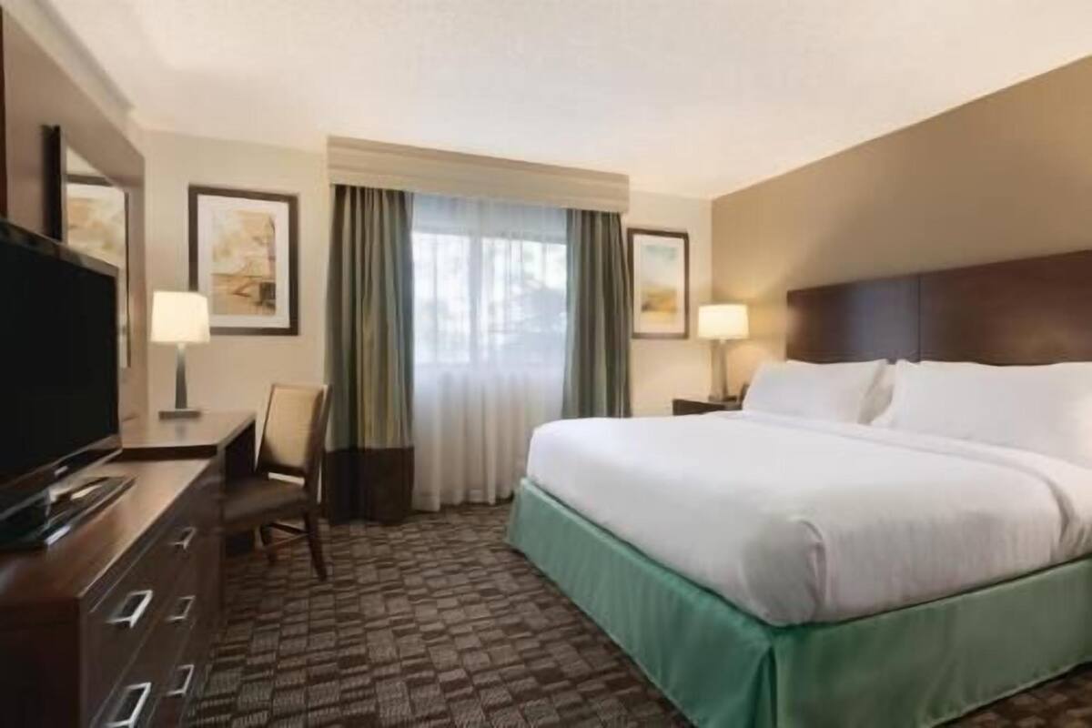 Una habitación de hotel con cama, televisión, escritorio y silla.