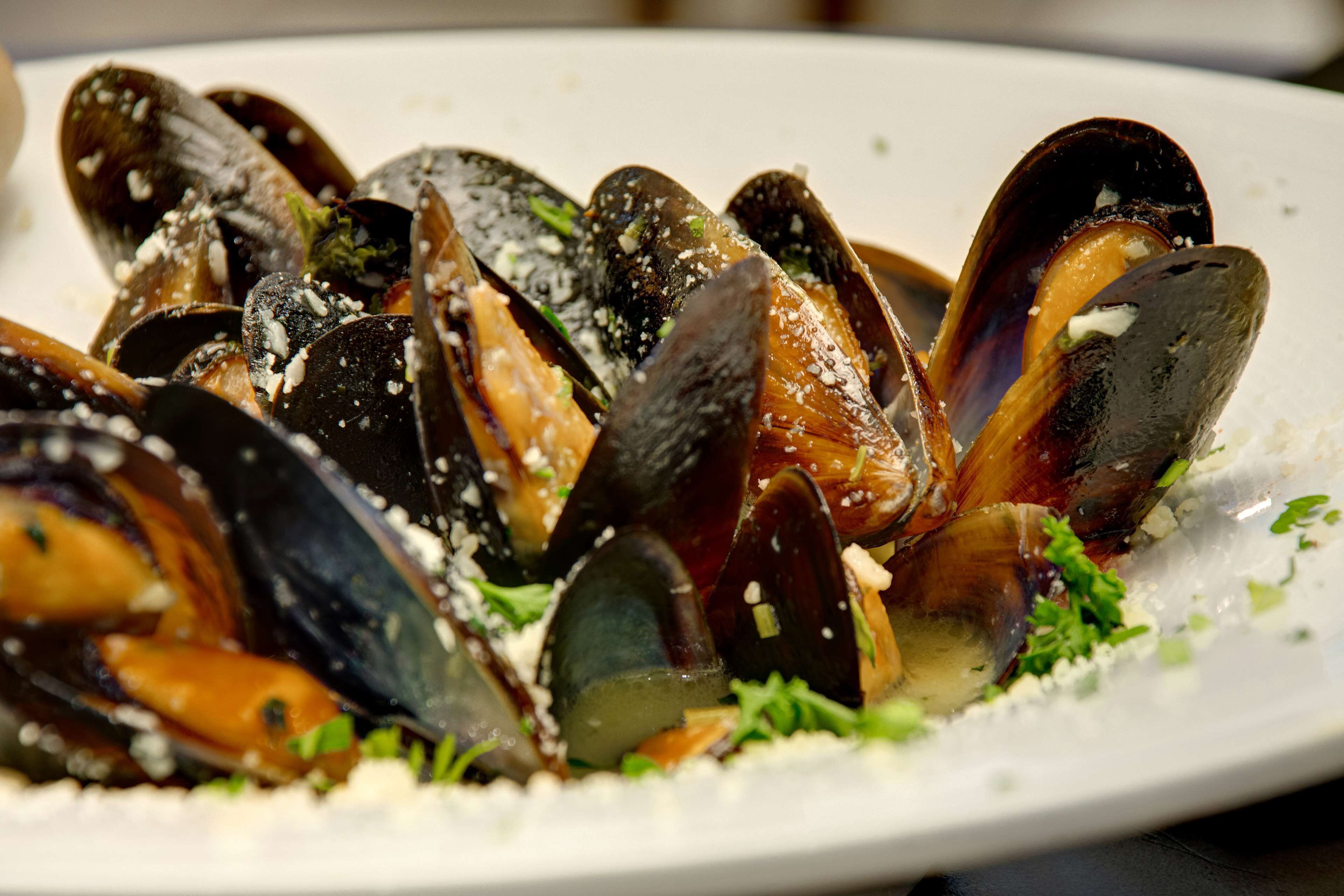 A plate of mussels garnished with herbs and cheese.