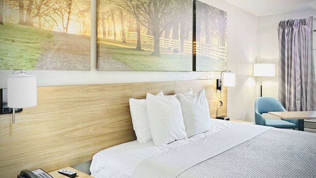 Une chambre d’hôtel avec une tête de lit en bois, du linge de lit blanc, un bureau avec une lampe et une chaise.