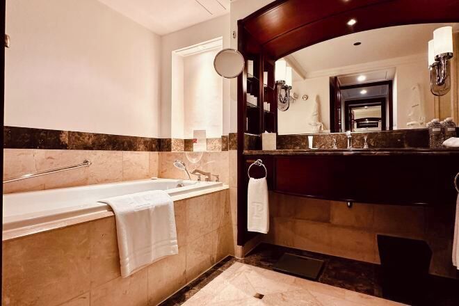 Separate bathtub and shower, eco-friendly toiletries, hair dryer