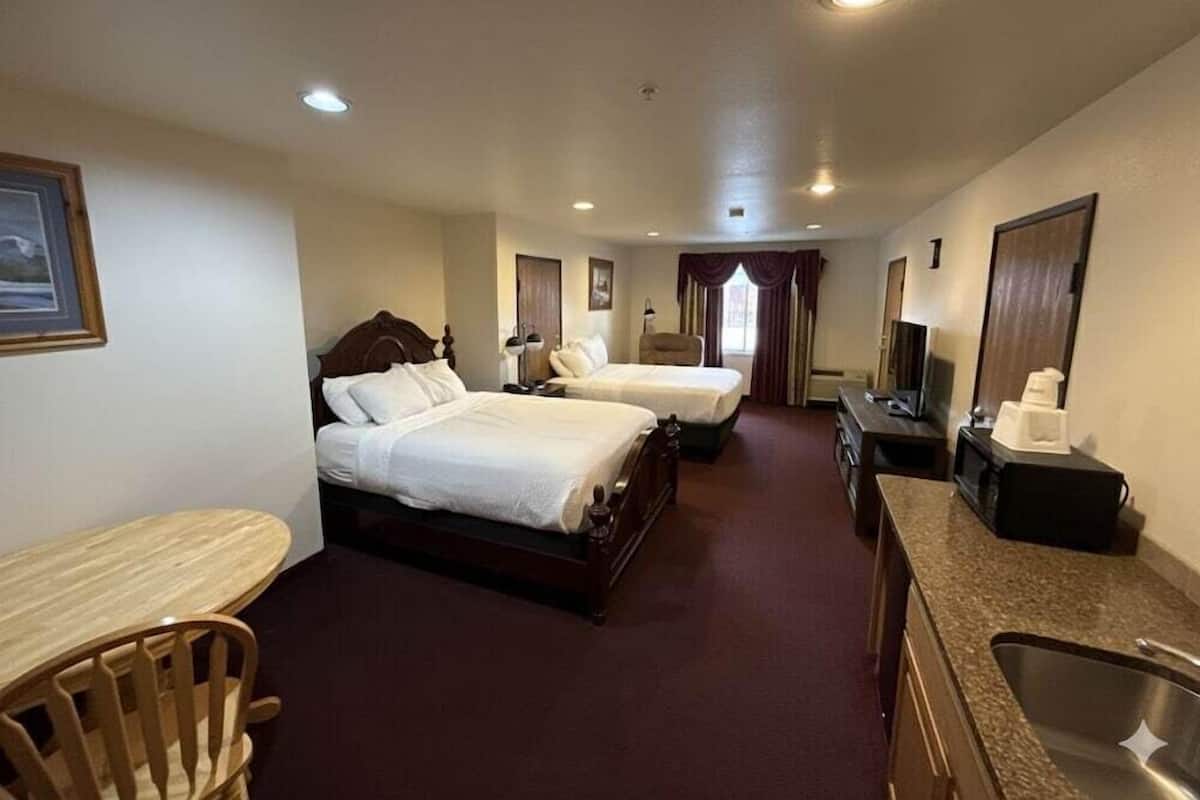 Une chambre d’hôtel avec deux lits, un bureau, une chaise, une télévision et une kitchenette.