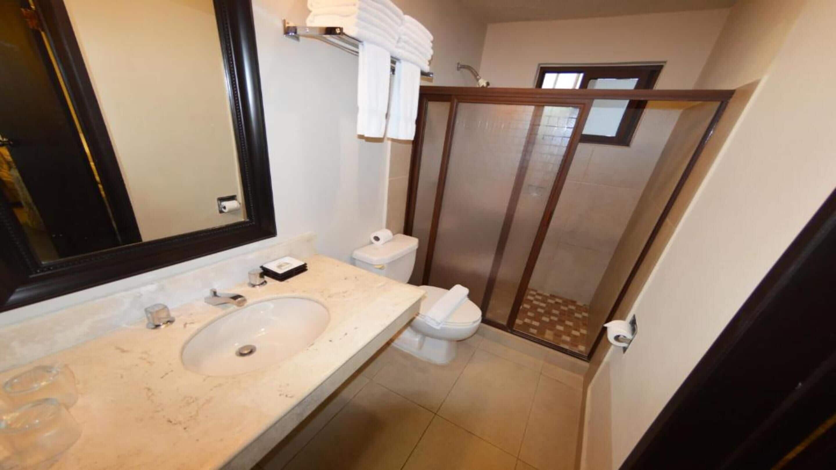 A bathroom with a sink, toilet, and shower area.