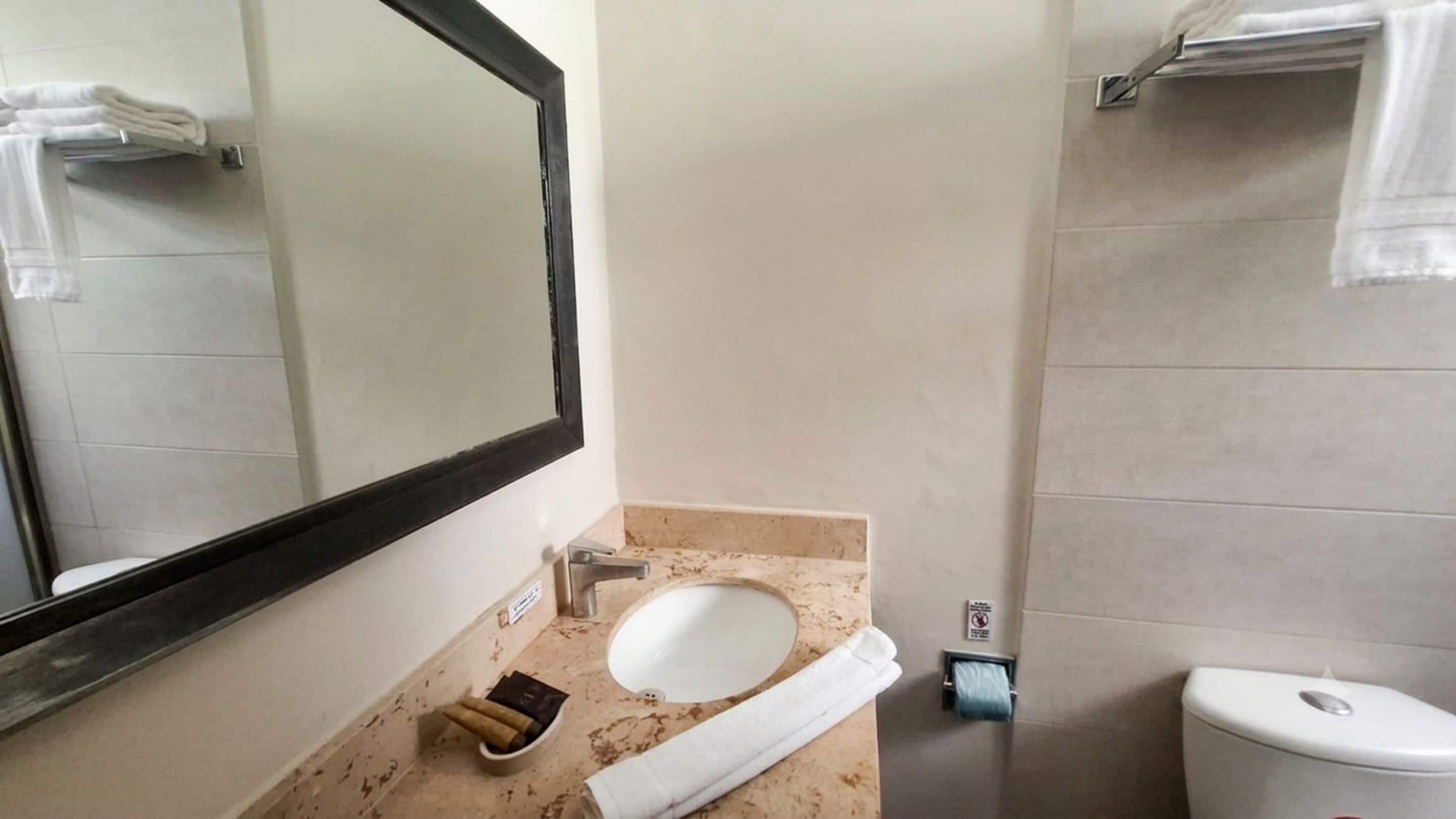 A bathroom with a sink, mirror, towel rack, and toilet.