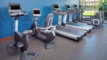 Varias bicicletas estáticas y cintas de correr en un gimnasio con una pared azul y vistas a un edificio y palmeras al exterior.