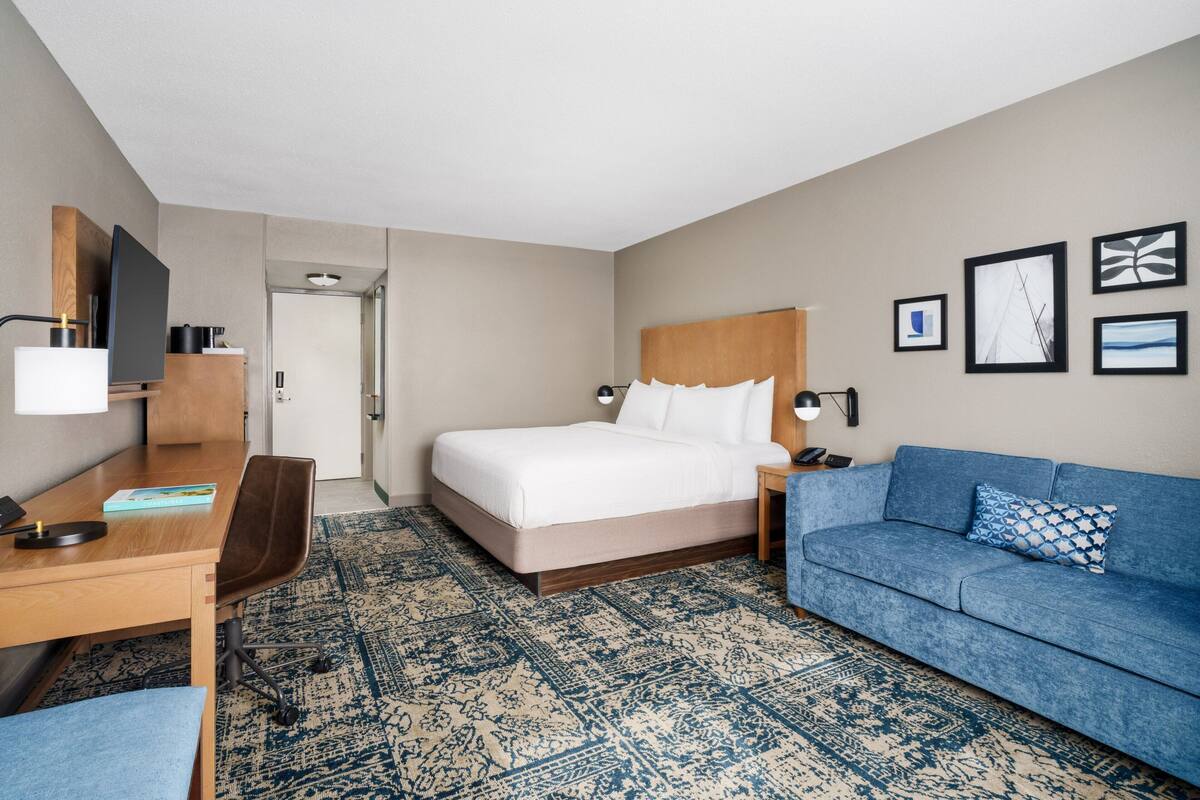 Een hotelkamer met een bed, een bureau, een blauwe bank en een kamerkleed met een patroon.