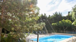 Une piscine dotée d’une paroi en verre, entourée d’arbres et de chaises longues.
