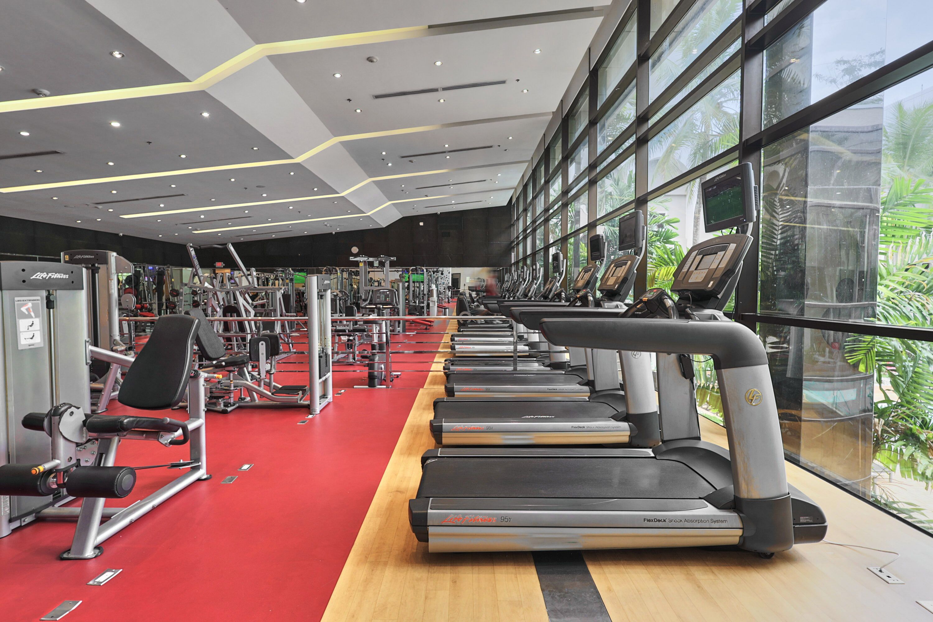 Un gimnasio con cintas de correr, máquinas de pesas y equipamiento de ejercicio.