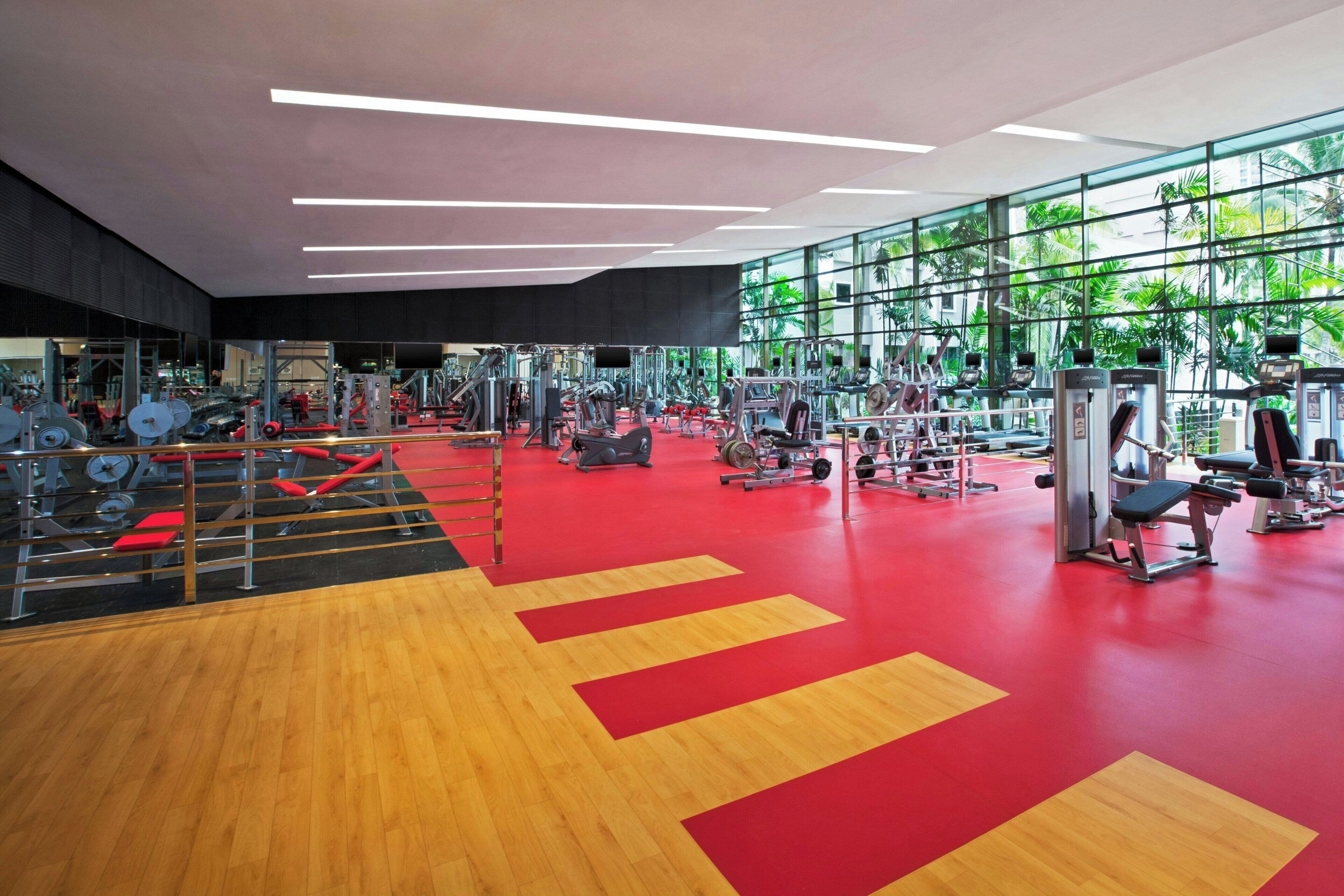 Un gimnasio con diversos equipos de ejercicio, suelo de madera y grandes ventanales con vista a zonas verdes.