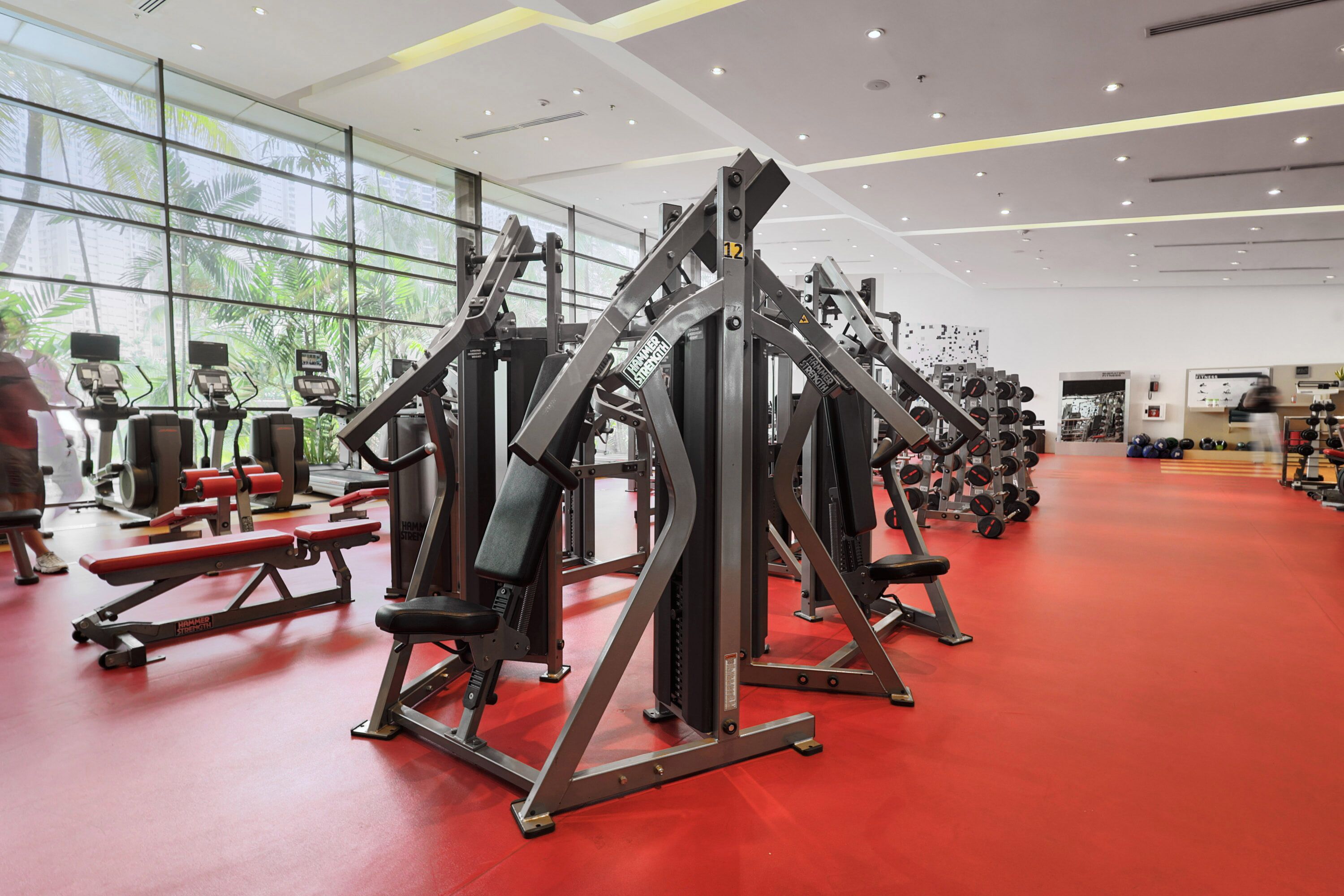 A gym with various exercise machines, a red floor, and large windows with a view of palm trees.