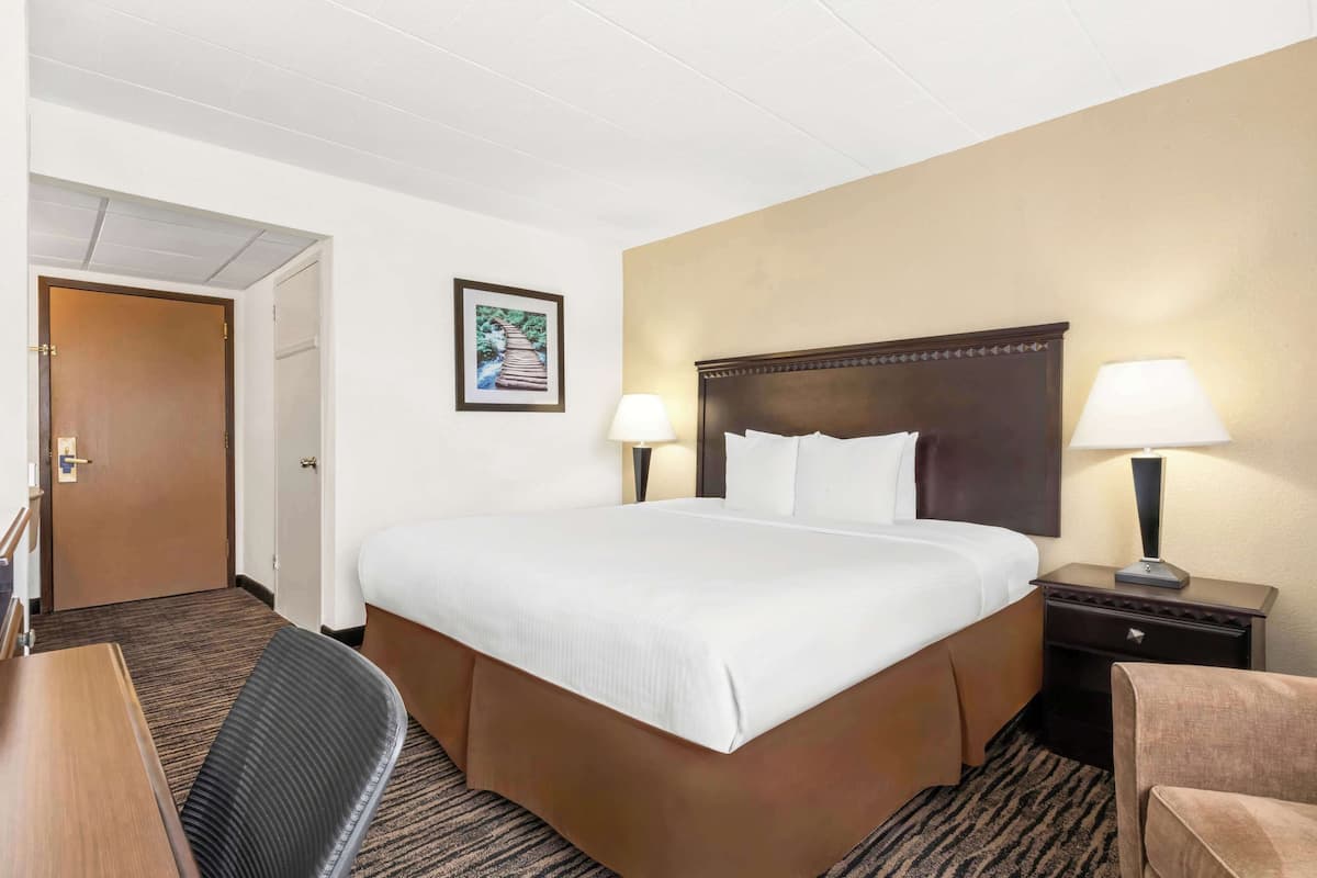 A hotel room with a large bed, two bedside lamps, a chair, and a desk.