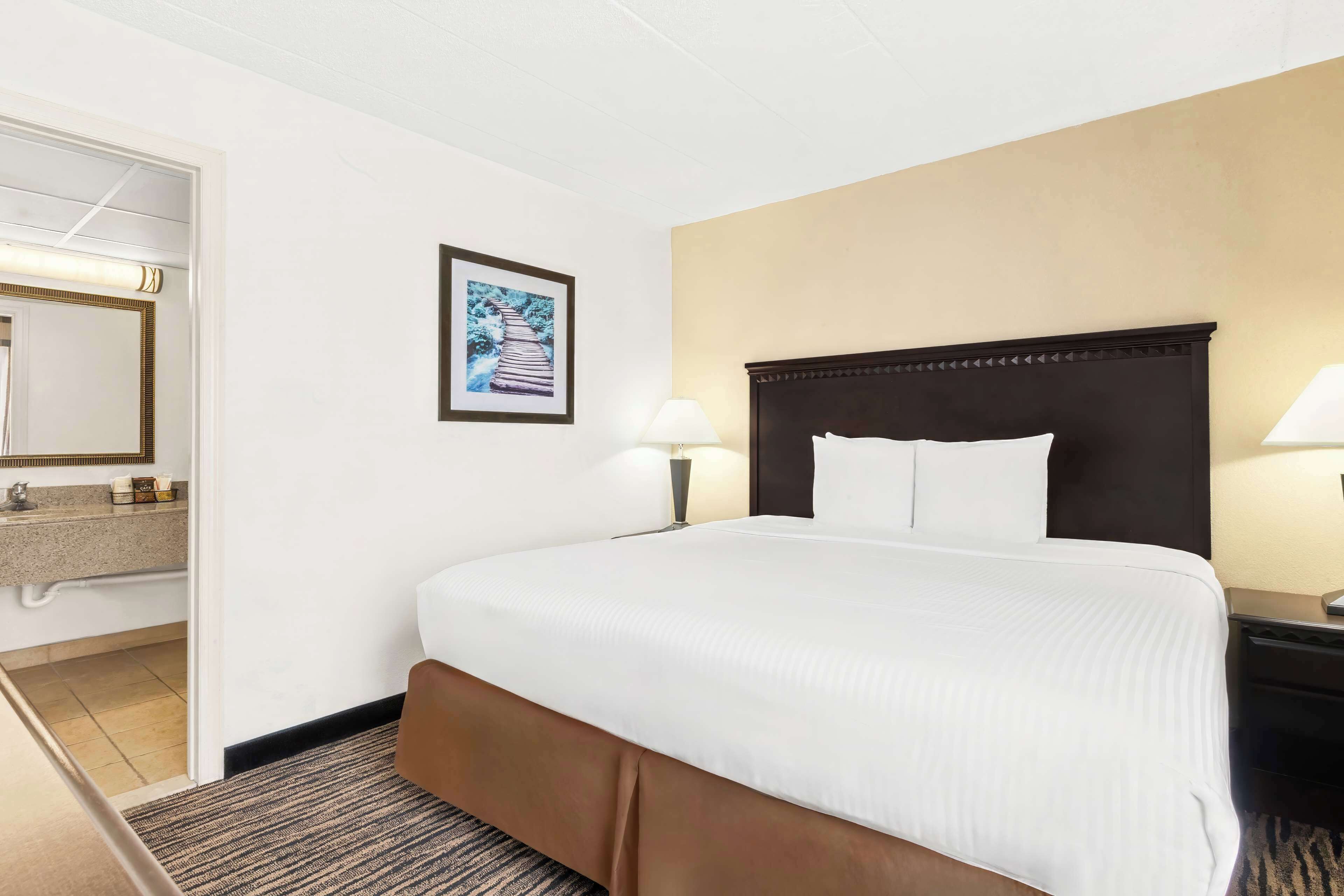 Hotelkamer met een groot bed, nachtkastje met lamp, een ingelijst schilderij aan de muur, en een badkamer zichtbaar door een geopende deur.