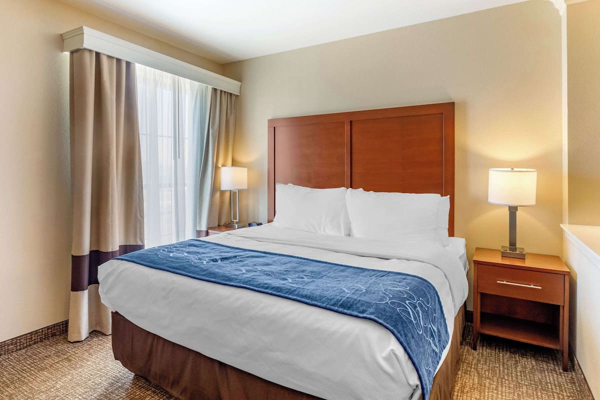 A hotel room with a large bed, two bedside tables with lamps, a window with curtains, and a carpeted floor.