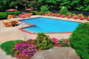 A rectangular swimming pool with a red border, surrounded by red lounge chairs and wooden tables. - Trumbull Marriott Shelton (Trumbull)