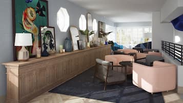 A modern living room with a wooden cabinet, a large painting, and a seating area with a sofa and chairs.