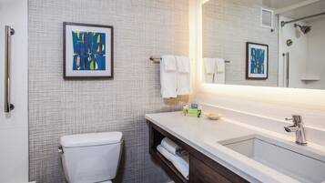 Eco-friendly toiletries, hair dryer, towels, soap