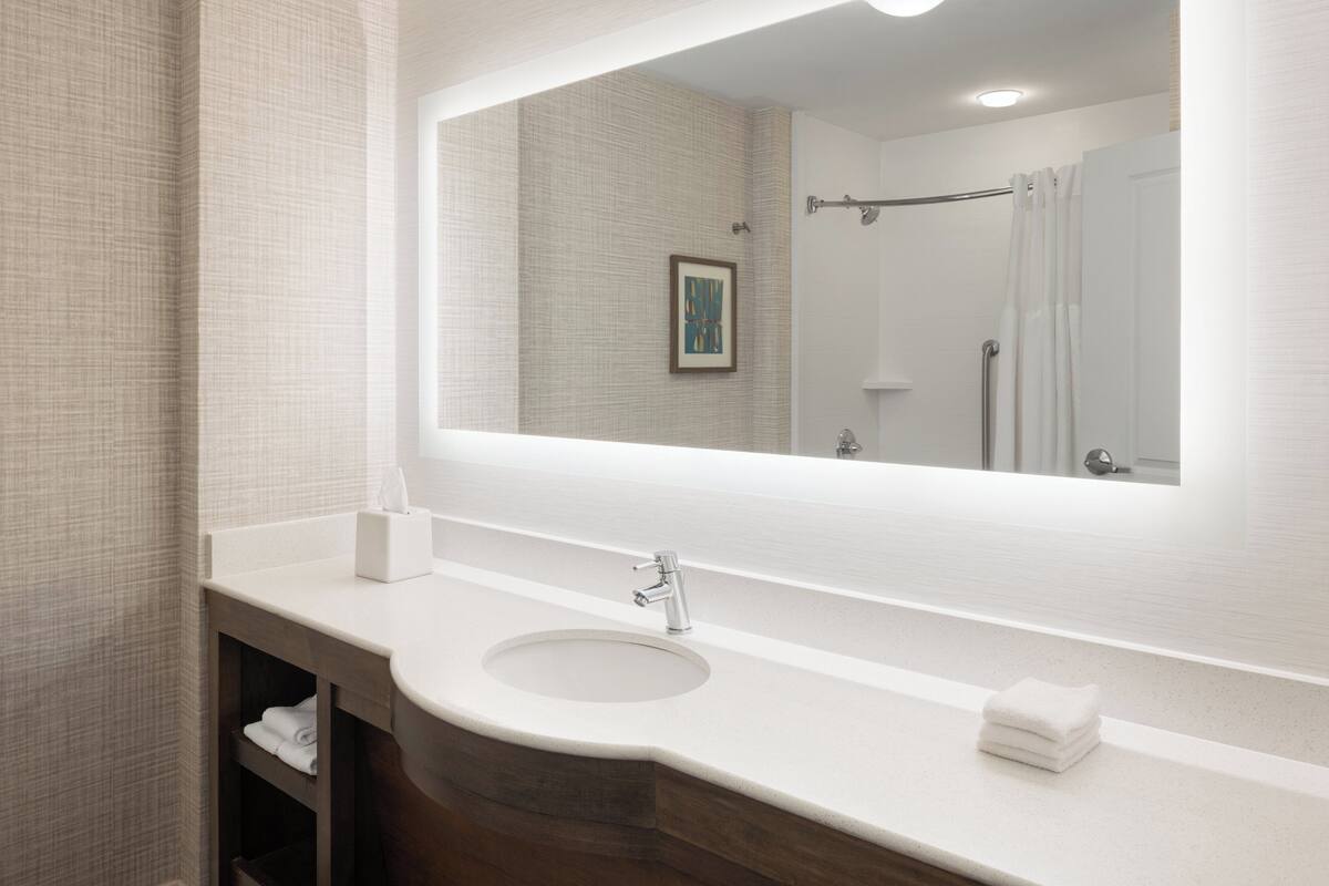 Eco-friendly toiletries, hair dryer, towels, soap