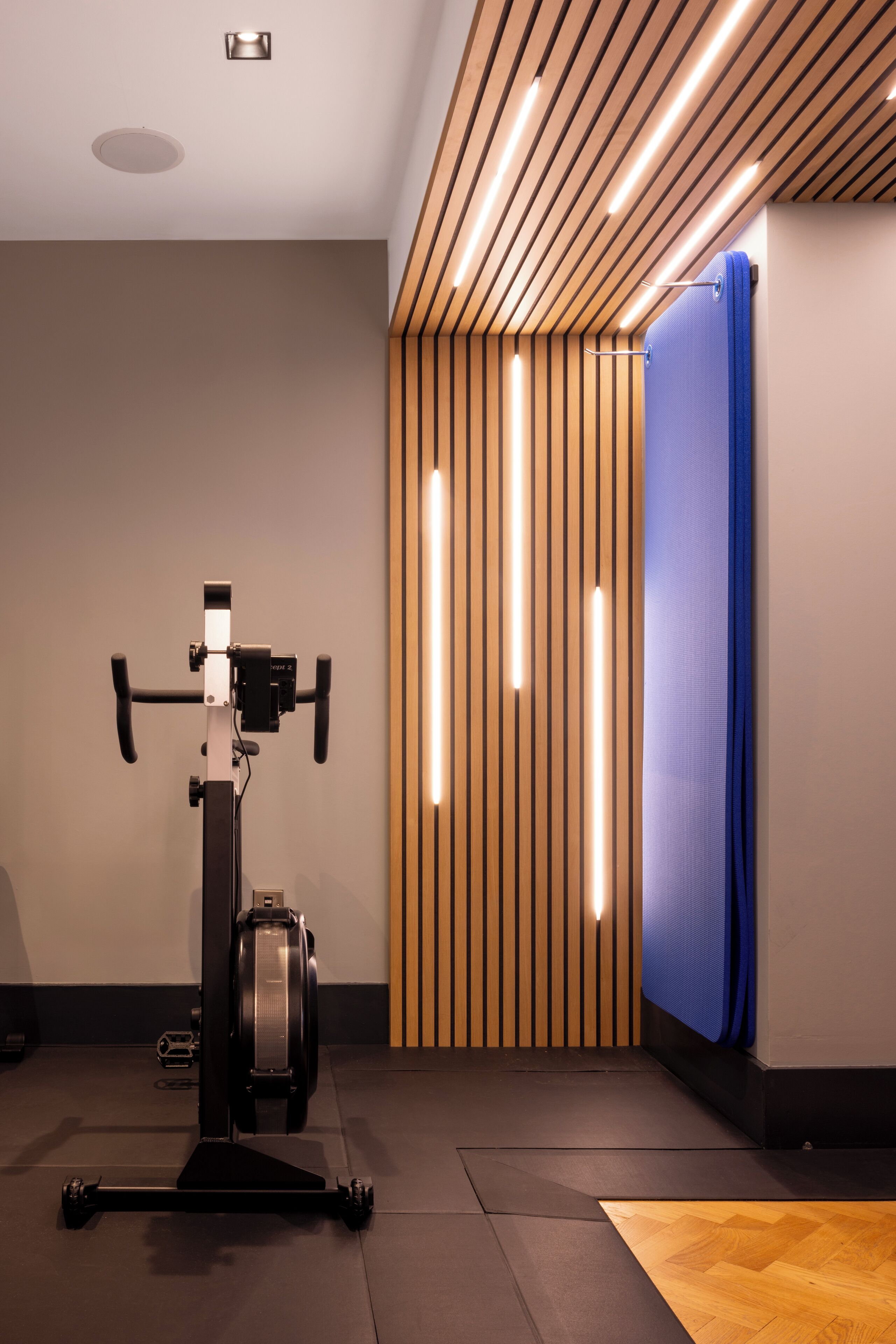 A gym with a stationary bike, a blue exercise wall, and wooden slats on the ceiling.