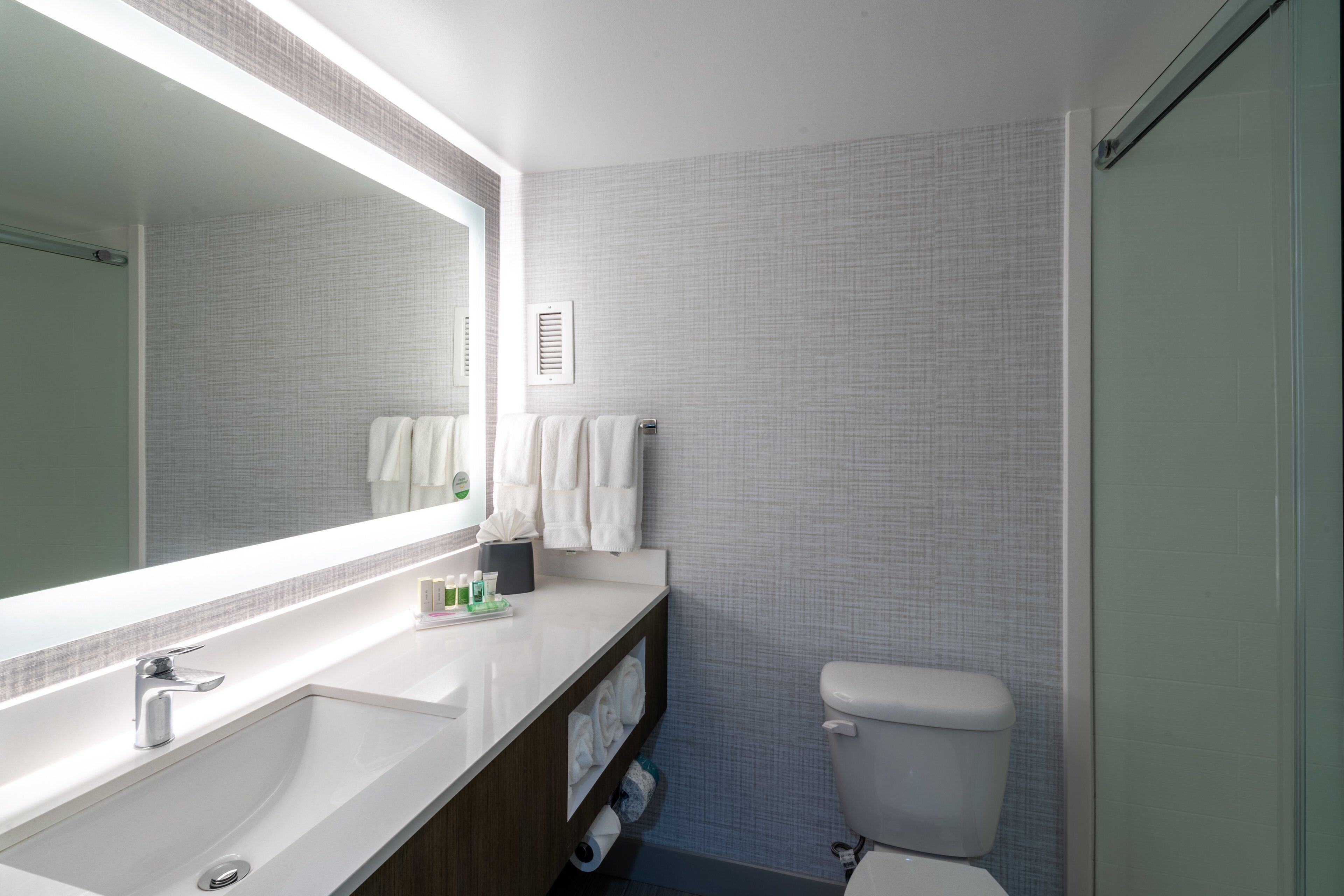 combined shower/bathtub, free toiletries, hair dryer, towels