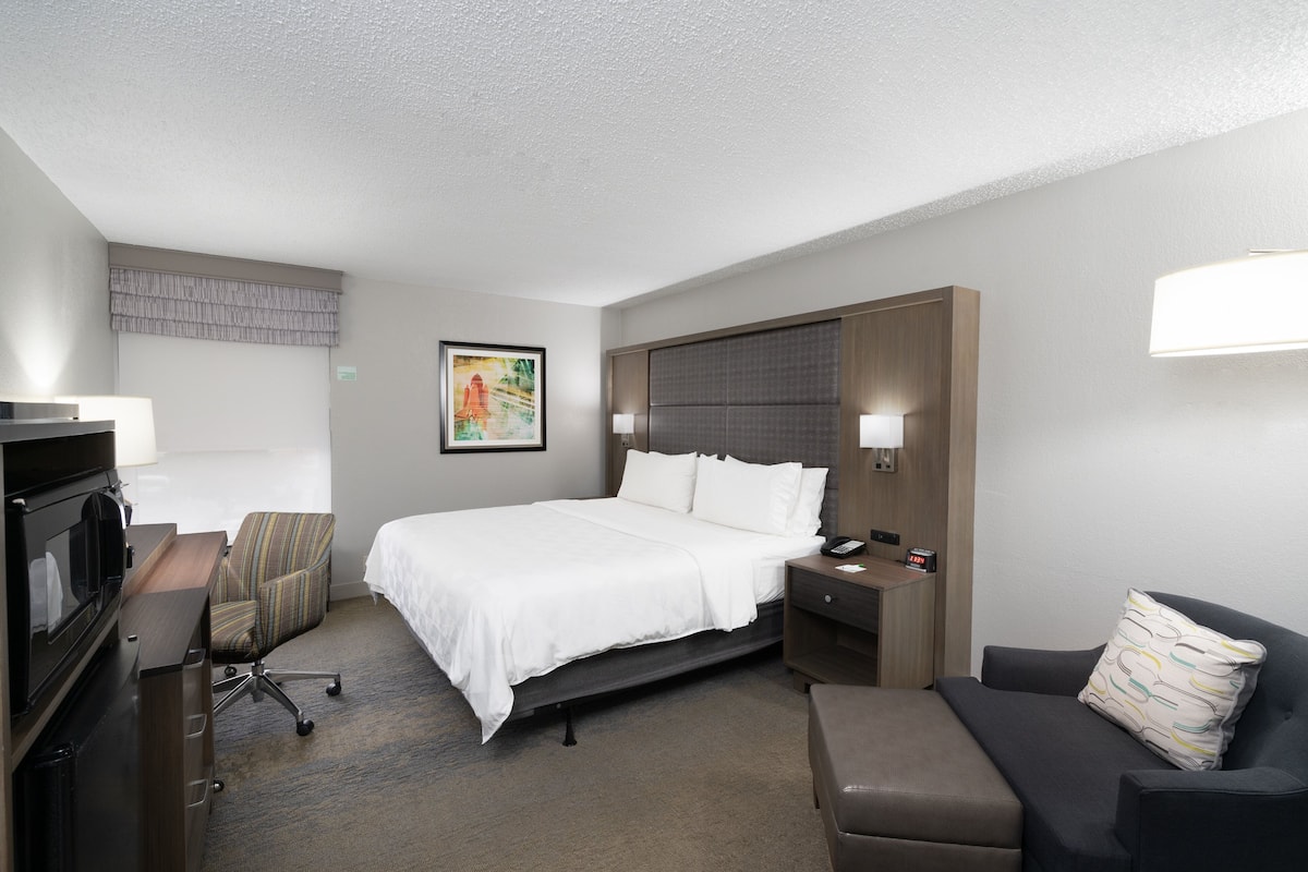 A hotel room with a bed, a desk, a chair, a sofa, and a TV.