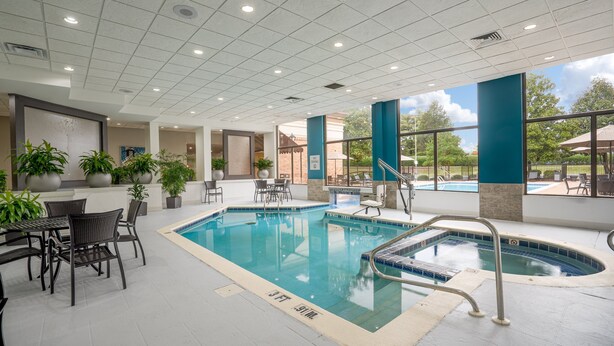 Una piscina interior con zona de estar y plantas en macetas.