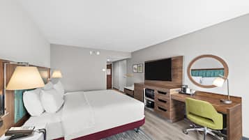 Habitación de hotel con cama, escritorio, silla, televisor y espejo.