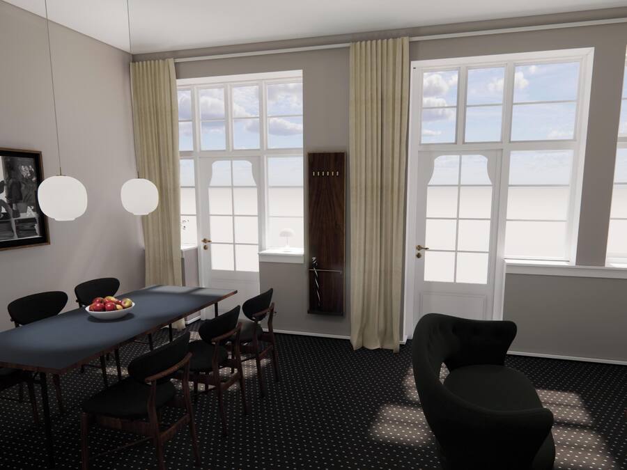 A room with a dining table, chairs, a large window with curtains, and artwork on the wall.