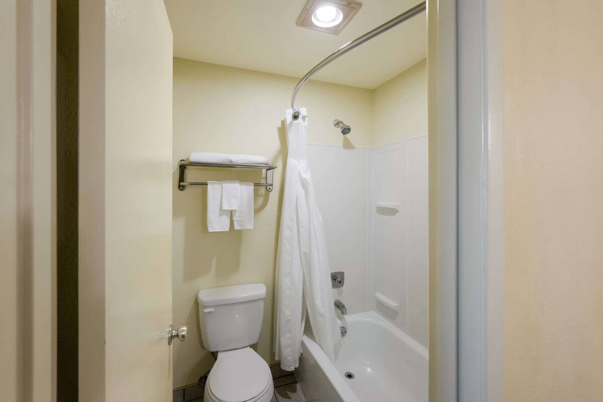 Une salle de bain équipée de toilettes, d’une baignoire et d’un rideau de douche.