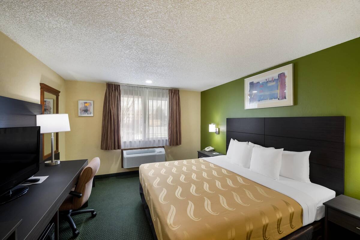 Une chambre d’hôtel avec un lit, un bureau avec une télévision, une chaise, une fenêtre avec des rideaux et un tableau au mur.