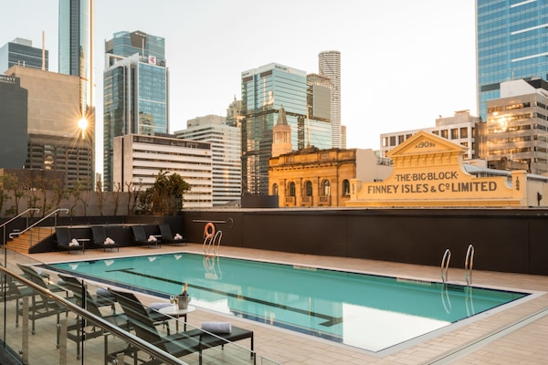 Outdoor pool, pool umbrellas, pool loungers