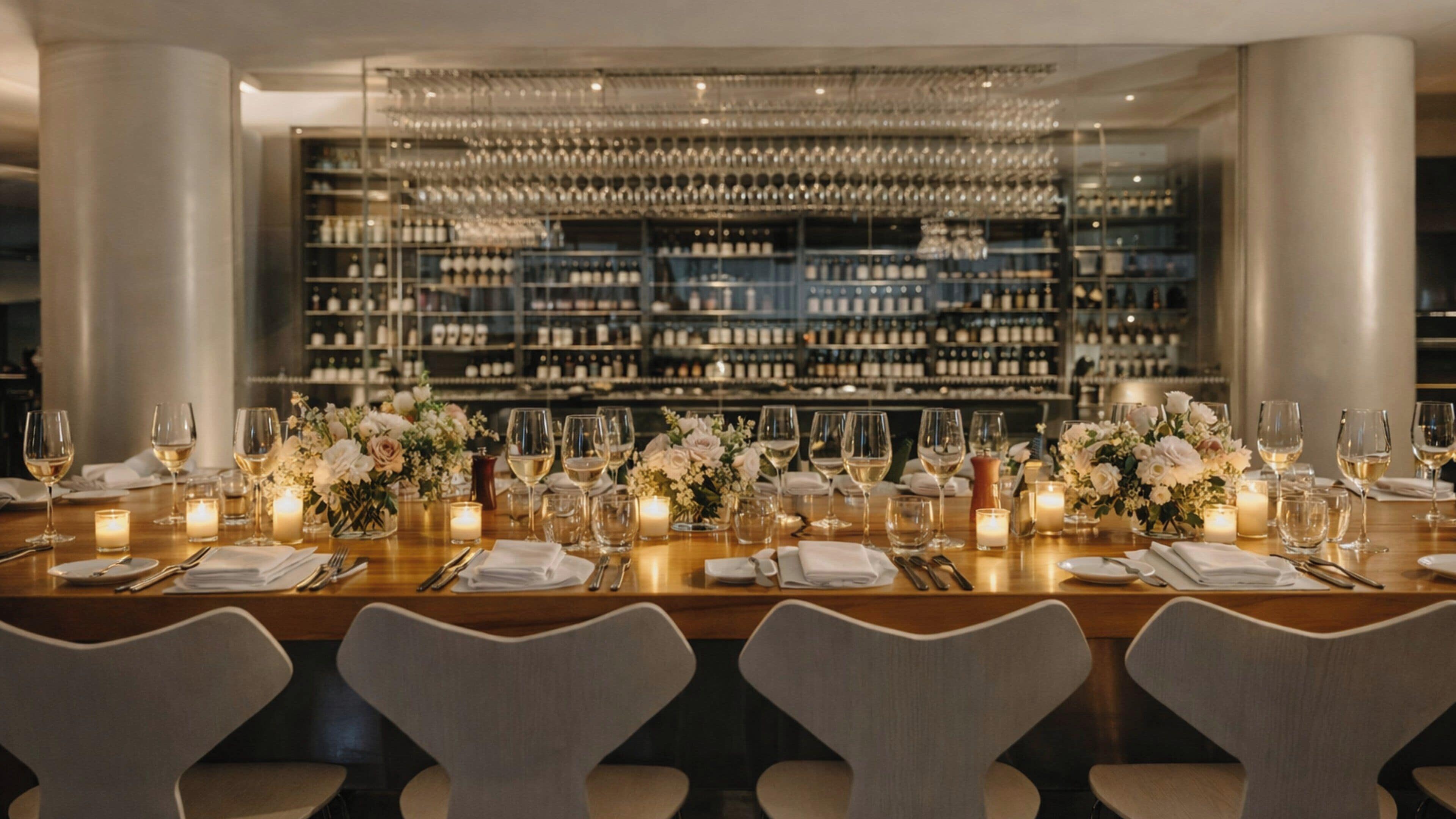A formal dining table set with white tableware, candles, and floral centerpieces, with a wine rack in the background.