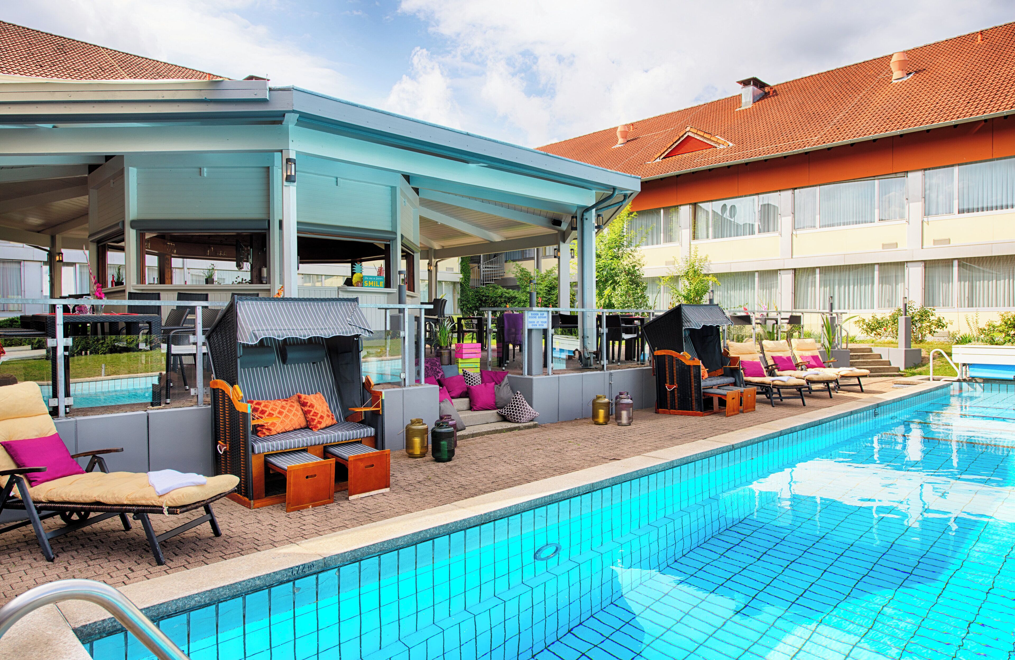 indoor pool, outdoor pool, pool loungers