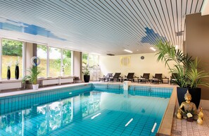 Indoor pool, outdoor pool, pool loungers