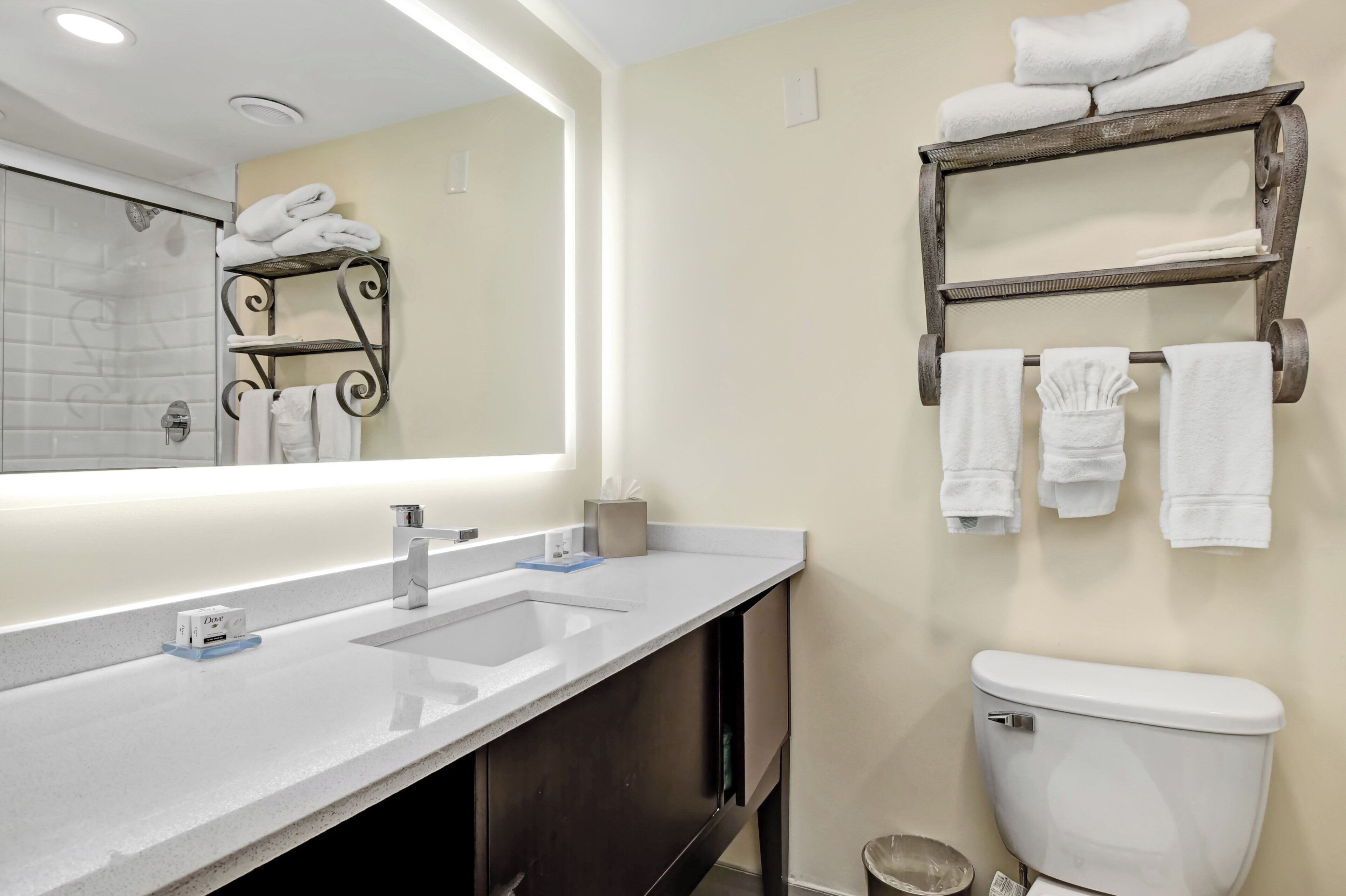Combined shower/tub, hair dryer, towels