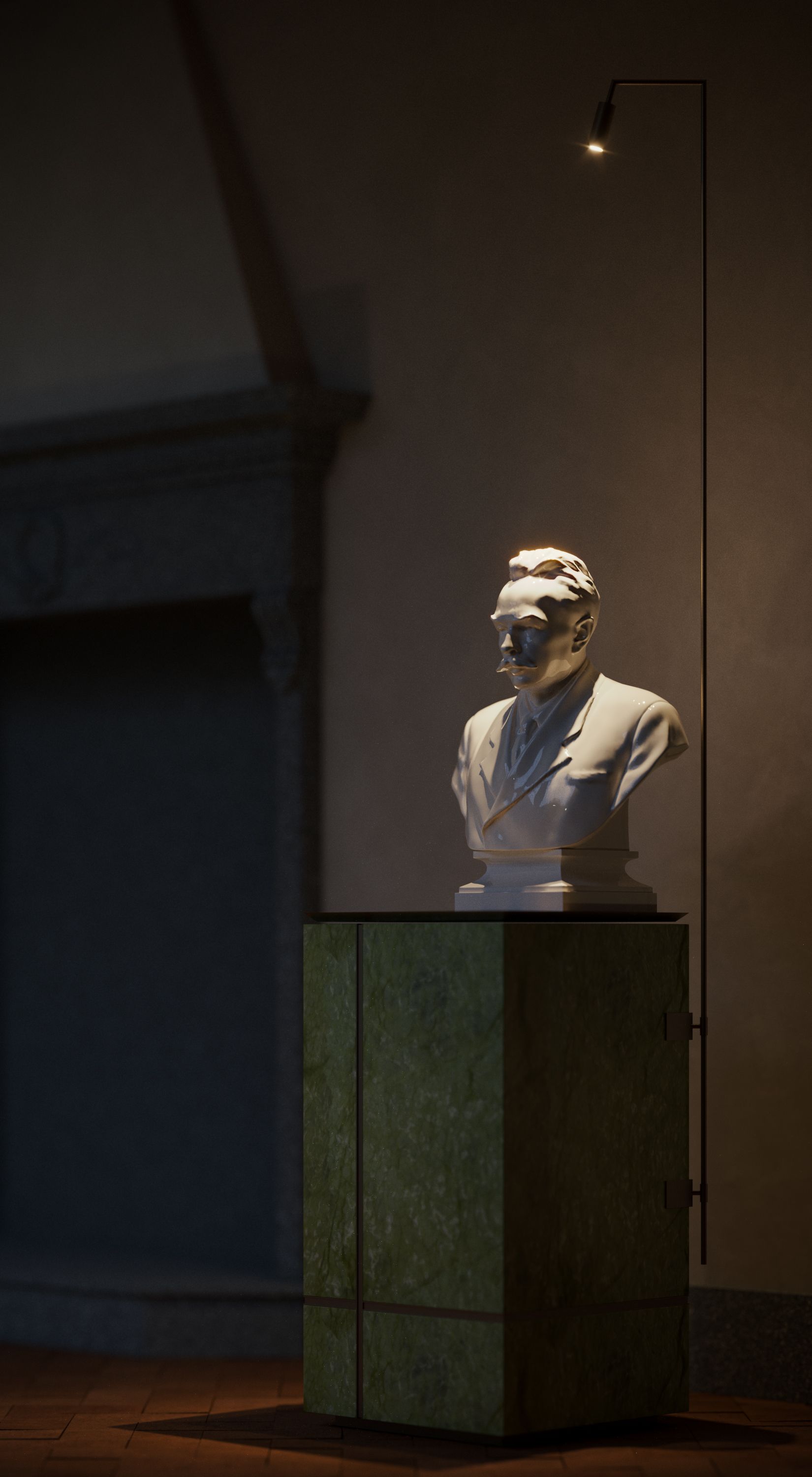 A bust sculpture on a pedestal in a dimly lit room.