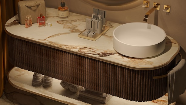 A modern bathroom with a round mirror, a white sink, and a towel rack. - Palazzo Monnalisa (Florence)