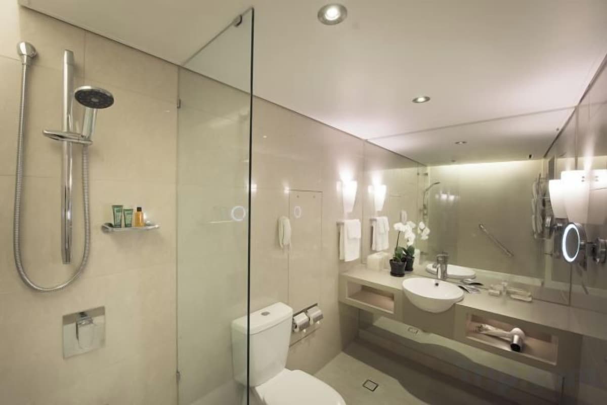 Tina con regadera, amenidades de baño de diseñador, secadora de cabello