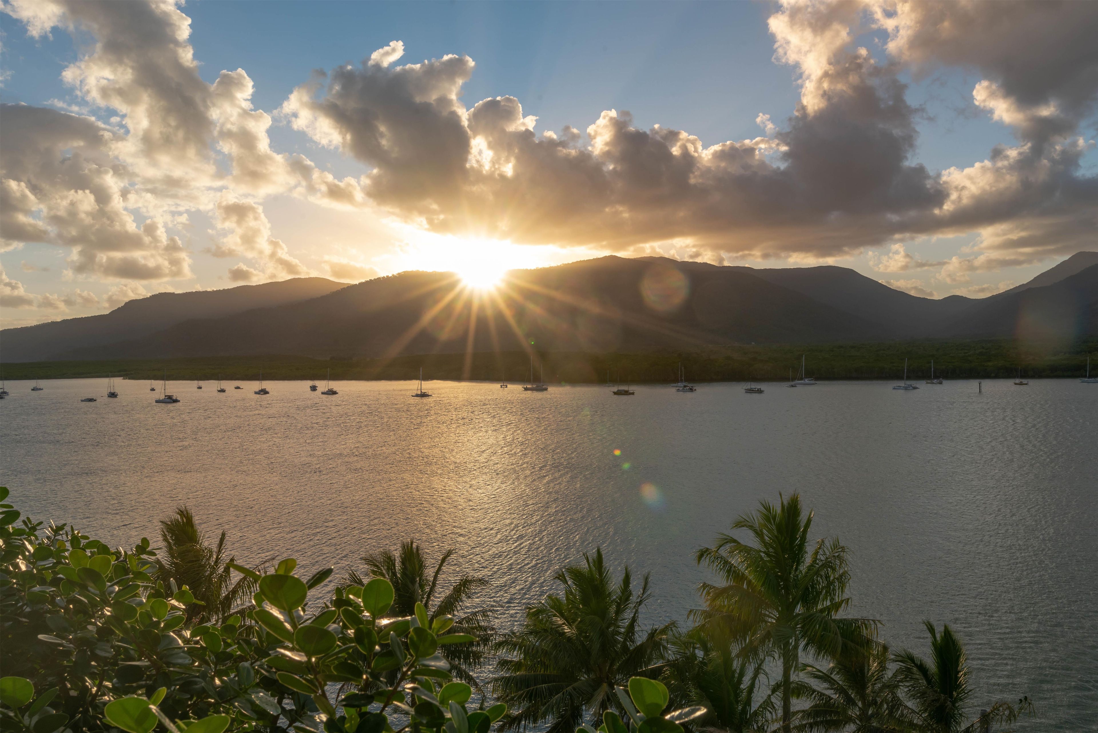 A calm body of water with boats, surrounded by mountains and palm trees.
