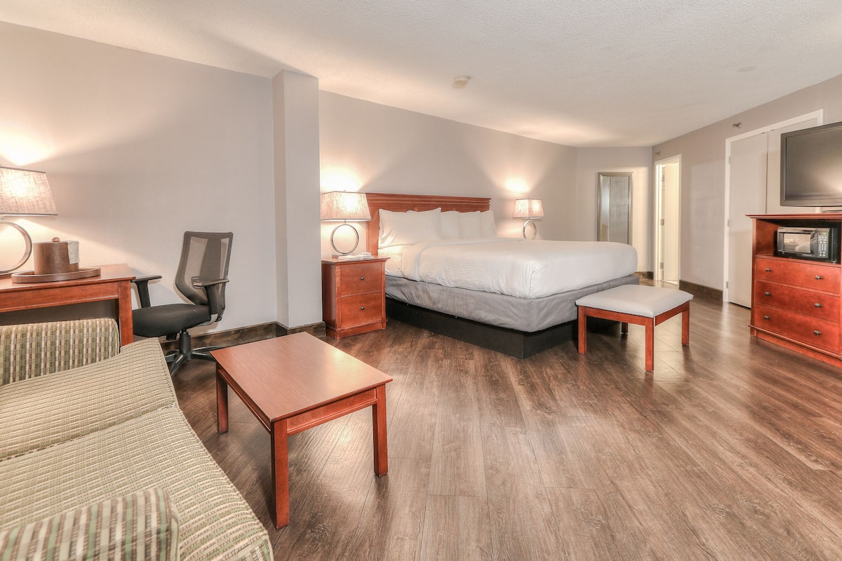Una habitación de hotel con cama, mesitas de noche, escritorio con silla, televisor y microondas.