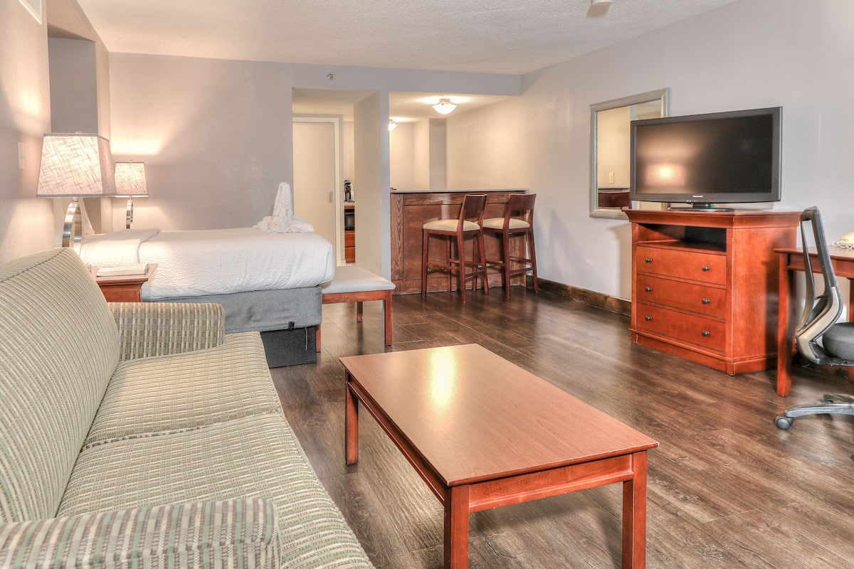 Habitación de hotel con cama, sofá, mesa de madera, televisión y escritorio con silla.