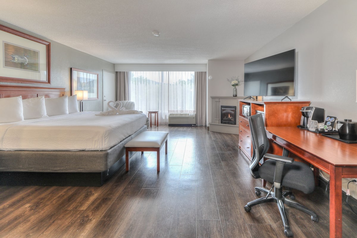 Habitación de hotel con una cama grande, un escritorio con silla, un televisor y una chimenea.