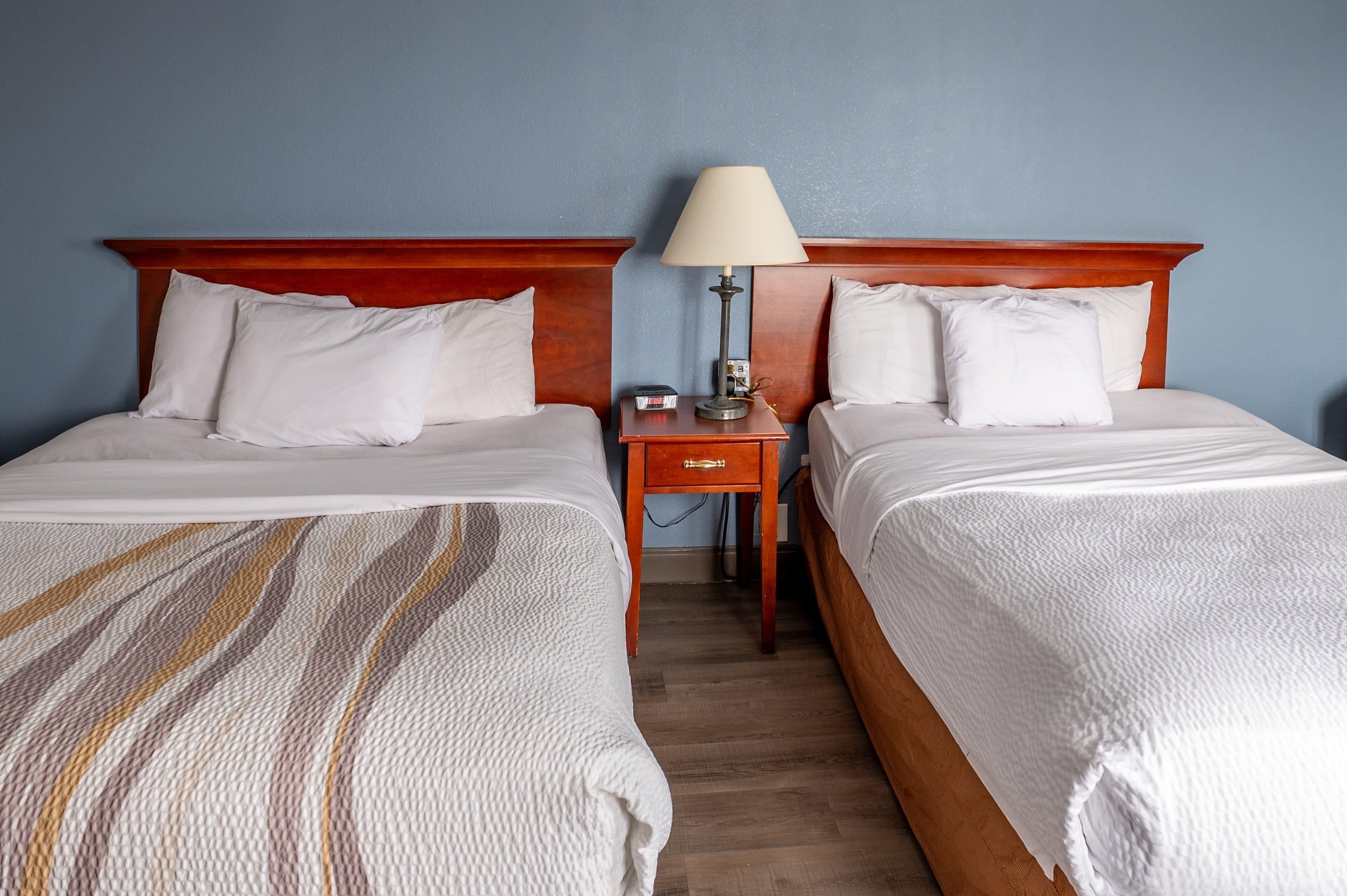 A hotel room with two single beds, a nightstand with a lamp, and a small drawer unit.