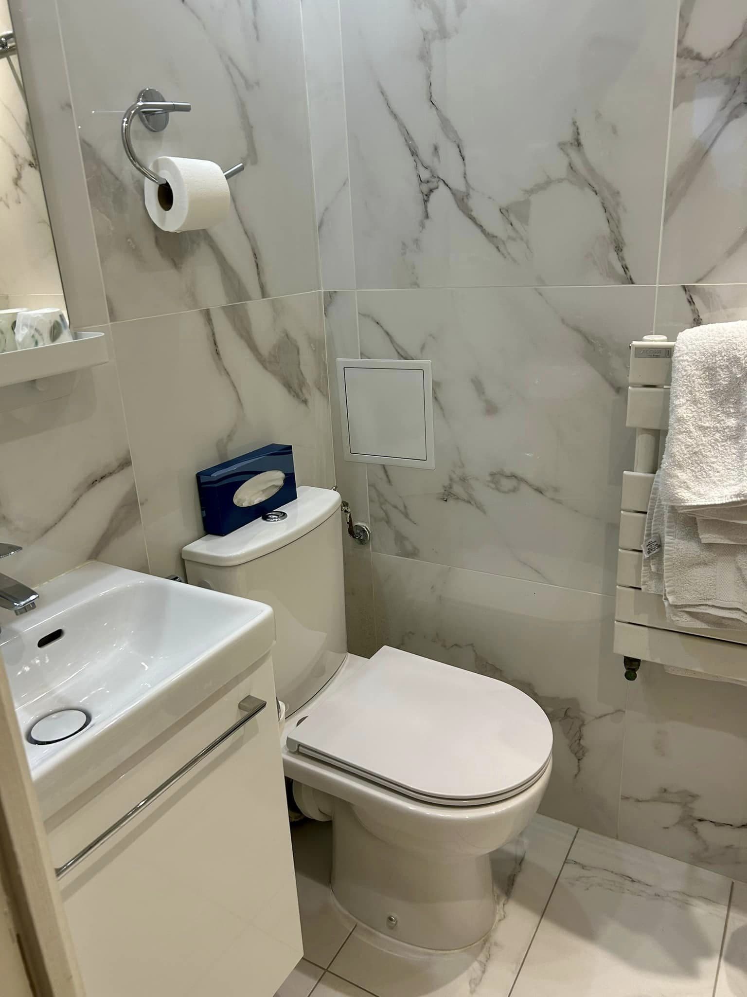 A bathroom with a toilet, sink, and marble-tiled walls.