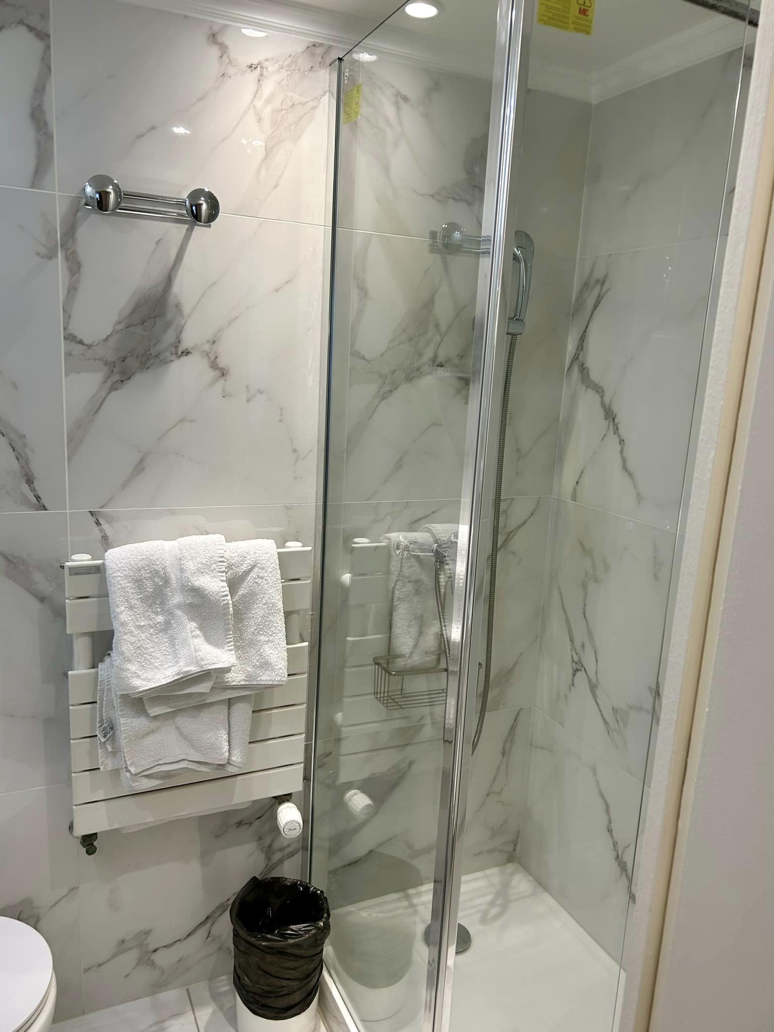 Bagno con doccia vetrata, pareti in marmo, portasciolo bianco e cestino nero.