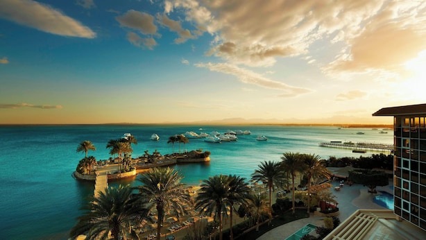 A resort with a pool, palm trees, and boats on a clear day.