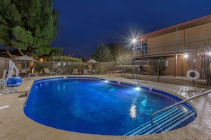 Seasonal outdoor pool, sun loungers