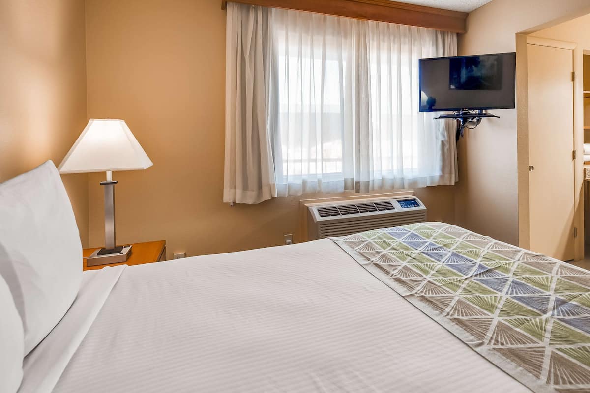 A hotel room with a bed, a TV mounted on the wall, a window with curtains, a bedside table with a lamp, and a bathroom visible through an open door.