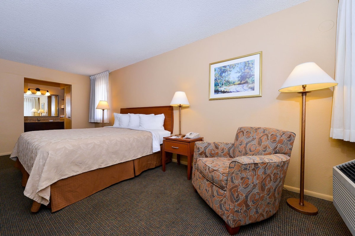 A hotel room with a bed, a chair, a desk, a lamp, a painting, and a mirror.