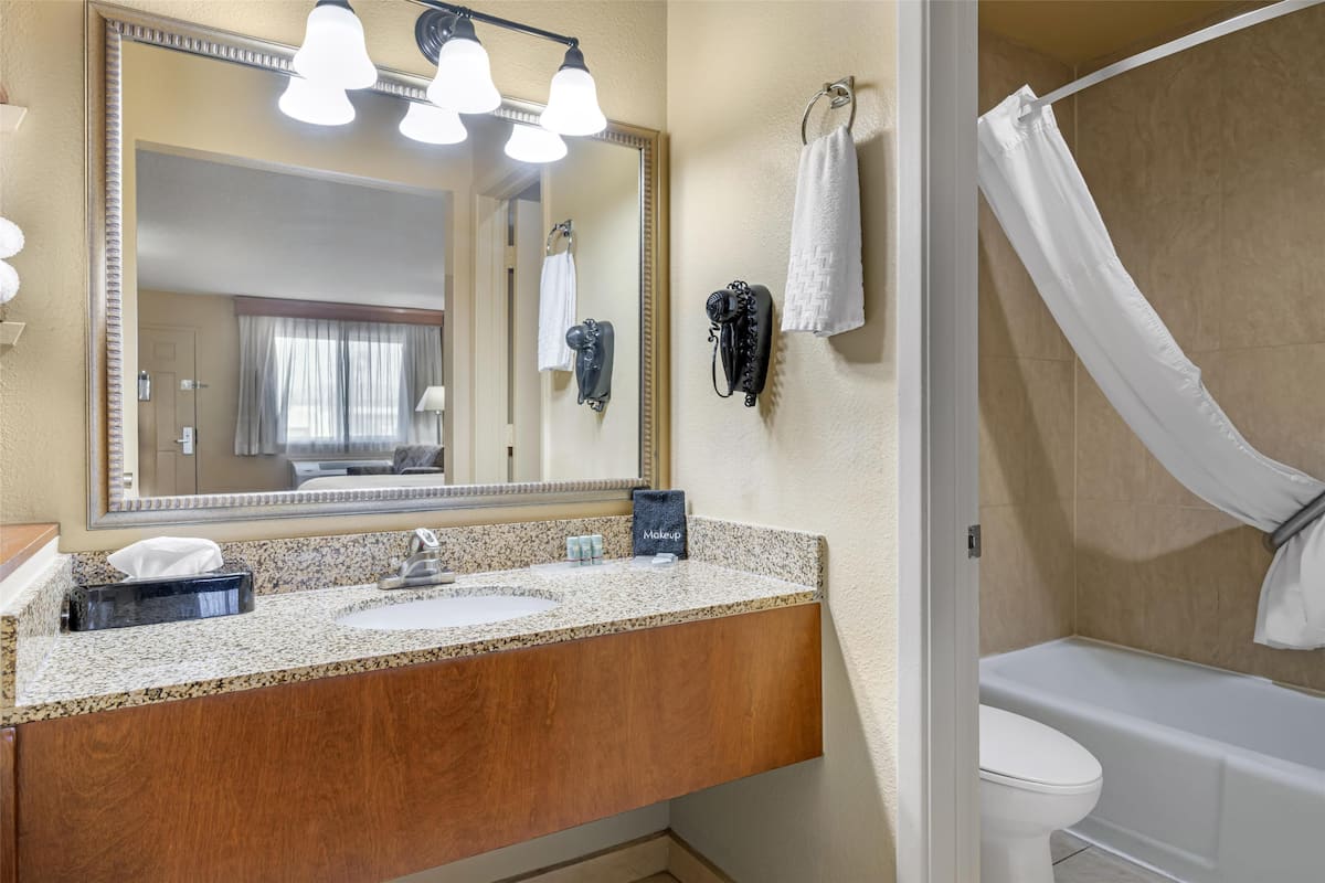 standard room, 1 king bed, non smoking (upstairs) | bathroom | combined shower/bathtub, free toiletries, hair dryer, towels